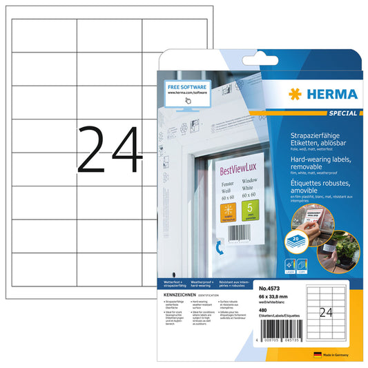 Herma 4573 Wit folie etiketten 66x33.8mm, 480 stuks, weerbestendig