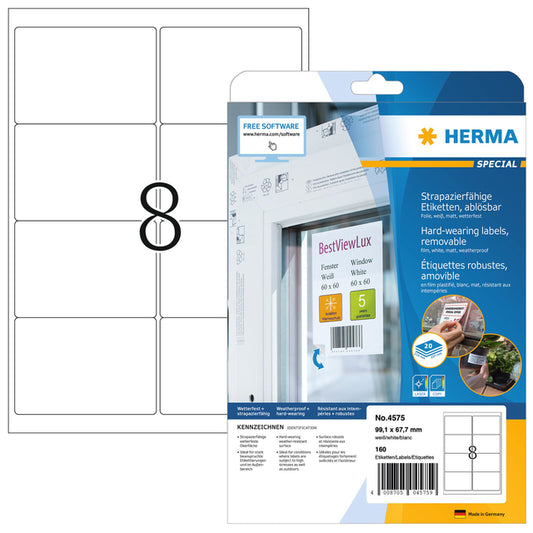 HERMA 4575 99.1x67.7mm Witte Folie Etiket, 20 Vellen