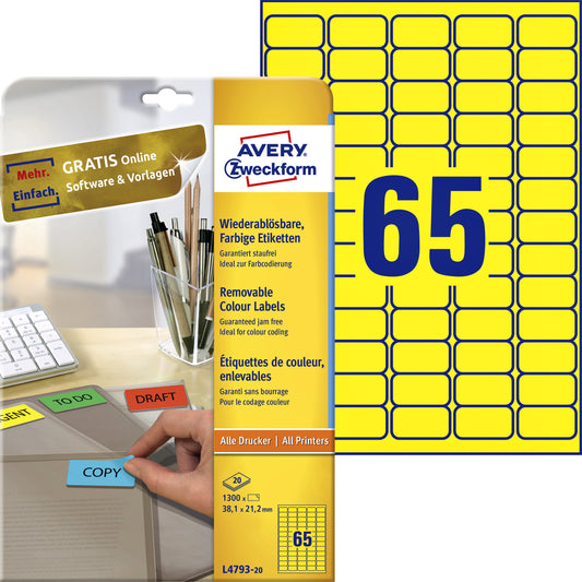 Avery L4793-20 Gekleurde Etiketten 38.1x21.2mm, Geel, 1300 Stuks