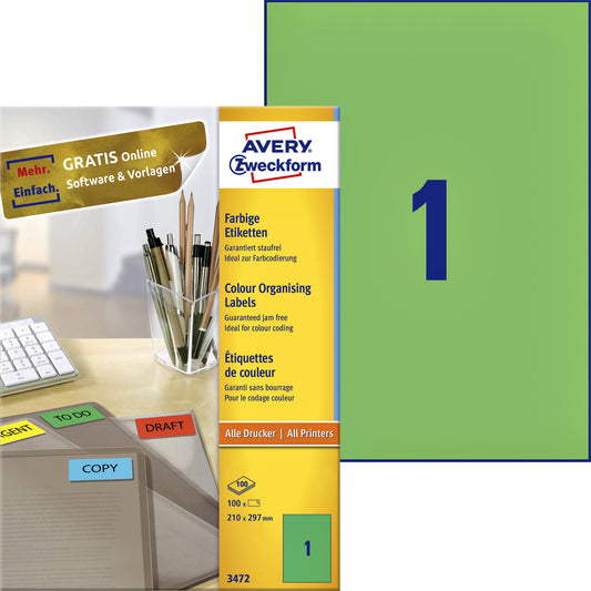 Avery 210x297mm A4 Groen etiketten 100 stuks