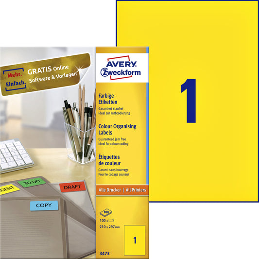 Avery 210x297mm Gele Etiketten 99.1x33.8mm (100 Stuks)