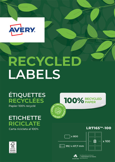 Avery LR7165-100 Gerecyclede Laser Etiketten 99,1x67,7mm, 800 Stuks