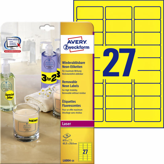 Avery L6004-25 Neon Geel Etiketten 63,5x29,6mm, 675 Stuks