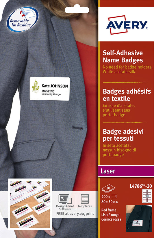 Naambadge etiketten Avery L4786-20 80x50mm, 200 stuks