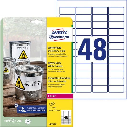 Avery L4778-20 Etiketten 45,7x21,2mm Wit, 960 stuks
