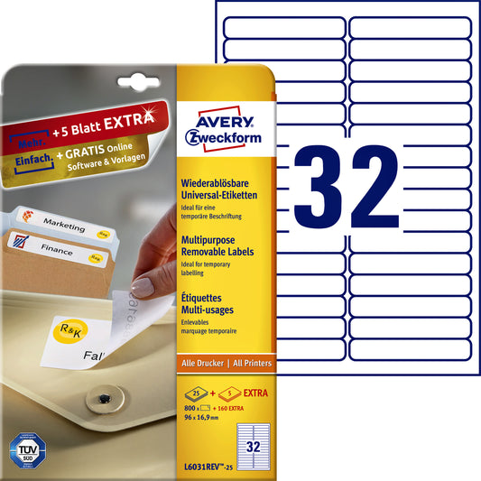 Avery L6031REV-25 Wit verwijderbare etiketten 96x16.9mm, 800 stuks