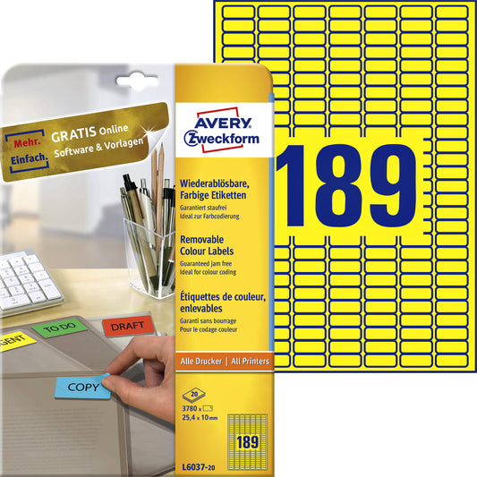 Avery L6037-20 Gele Label 25.4x10mm, 3780 stuks