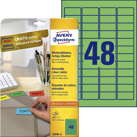 Avery L6040-20 Etiketten 45.7x21.2mm Groen, 960 Stuks