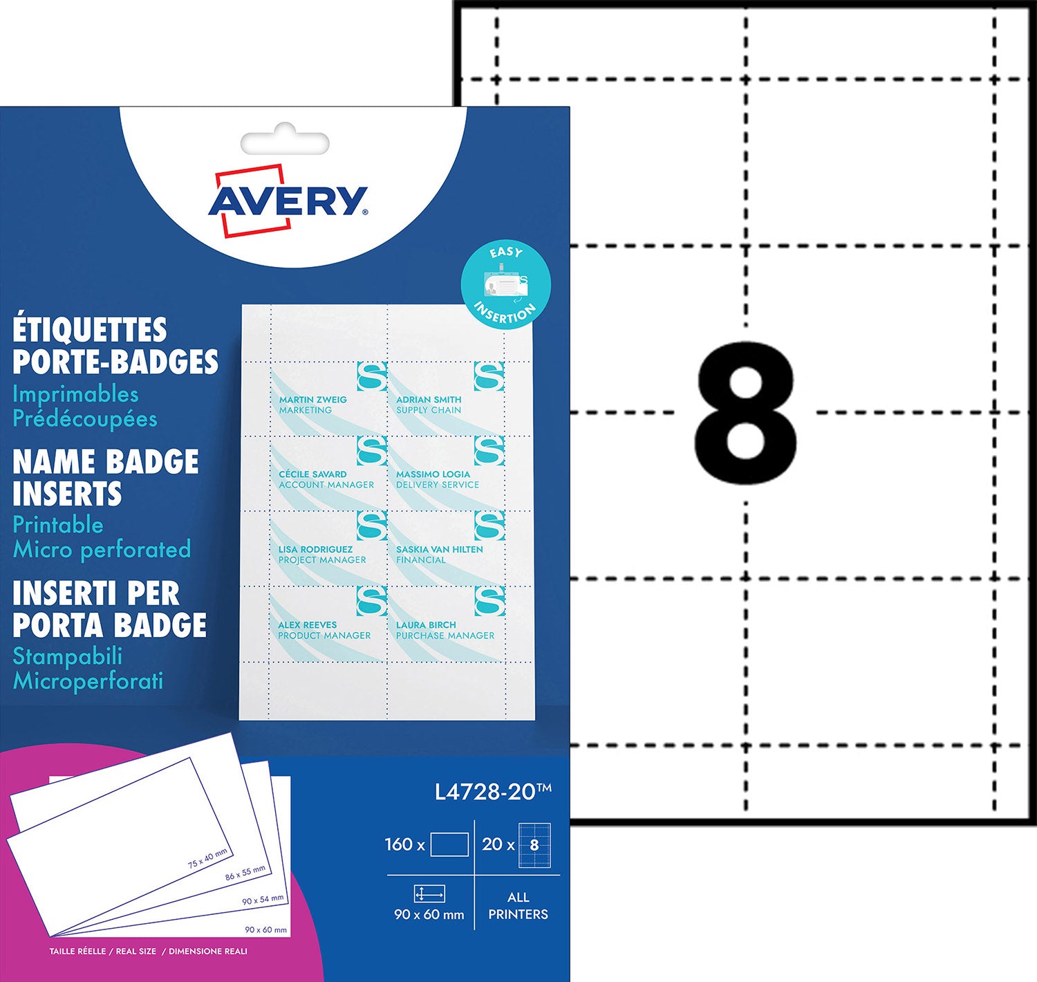 Avery insteekkaarten voor badges 60x90mm, 160 stuks, microperforatie