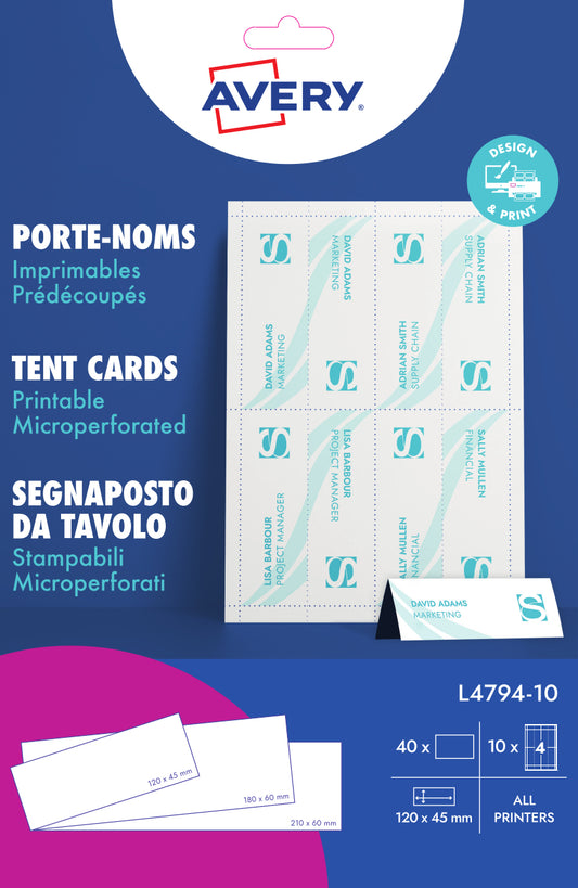 Avery Tentkaart L4794-10 120x45mm Wit, 40 stuks
