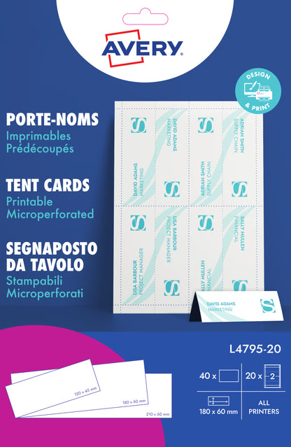 Tentenkaart Avery L4795-20 180x60mm Wit, 40 stuks