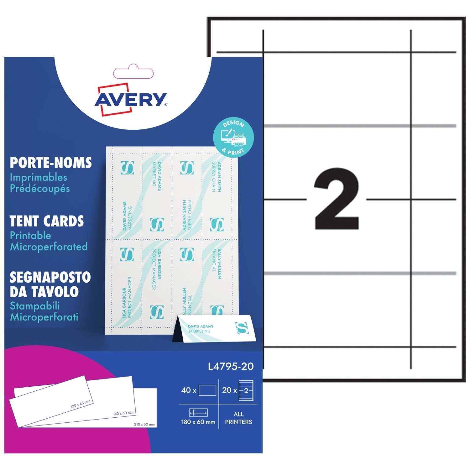 Tentenkaart Avery L4795-20 180x60mm Wit, 40 stuks - 2