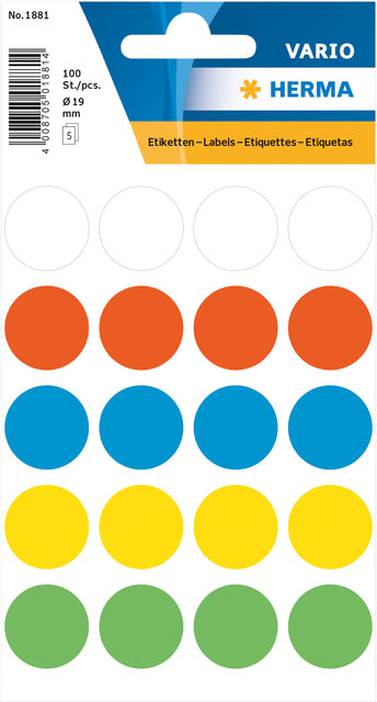 Herma 1881 Rond Etiket 19mm Assorti, 100 stuks
