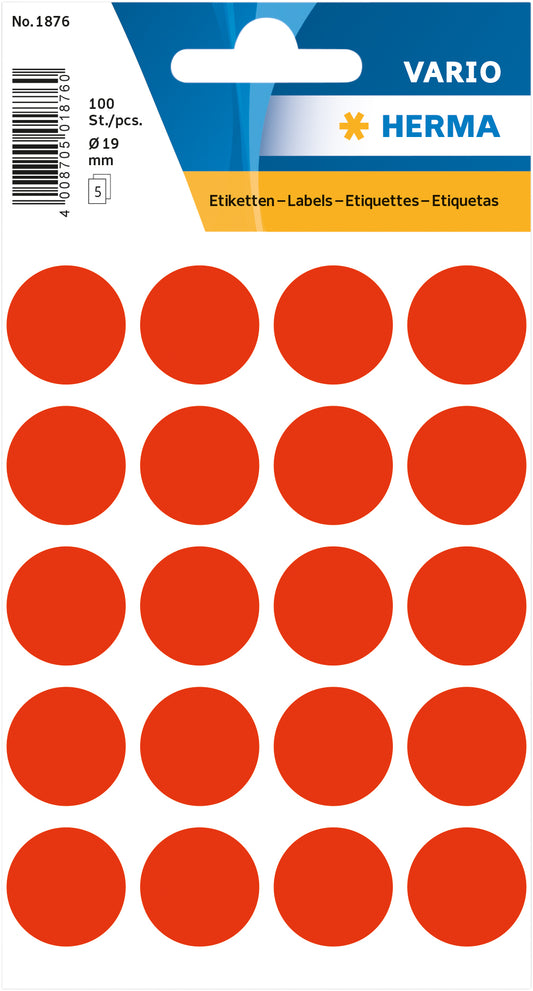 Herma 1876 Rond fluor rood etiketten 19mm, 100 stuks