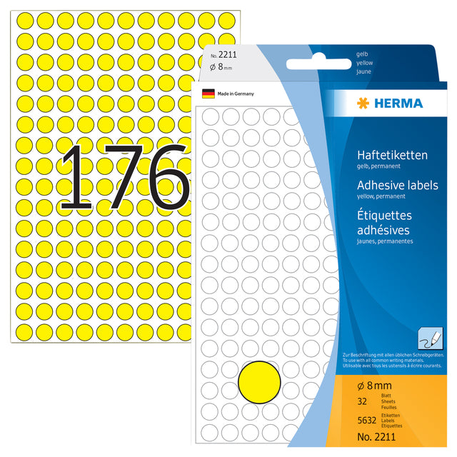 HERMA 2211 Ronde Gele Etiketten 8mm, 5.632 Stuks - 2