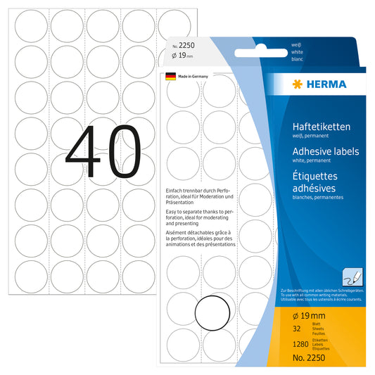 Herma 2250 Rond Etiket 19mm Wit, 1280 stuks