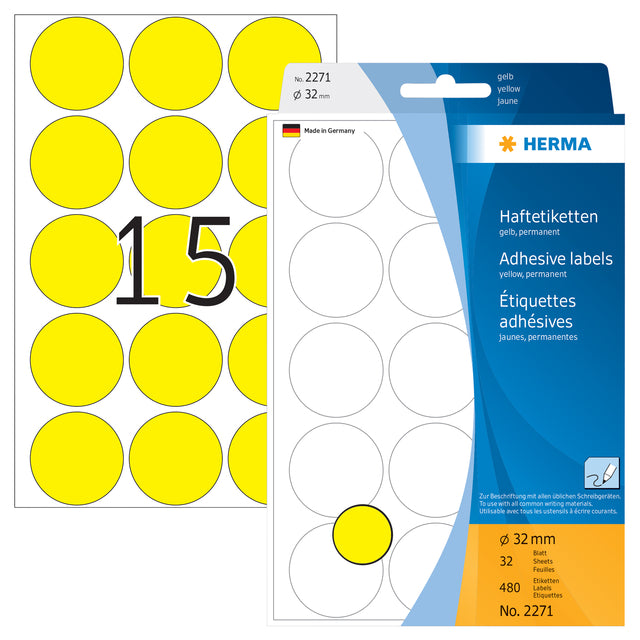 Herma 2271 Rond Etiket 32mm Geel, 480 stuks - 2