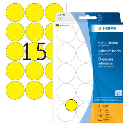 Herma 2271 Rond Etiket 32mm Geel, 480 stuks - 2
