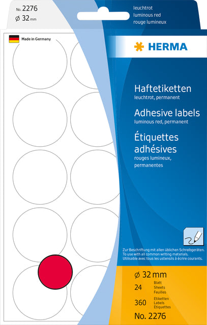 Herma 2276 Rond Etiket 32mm Fluor Rood, 360 stuks