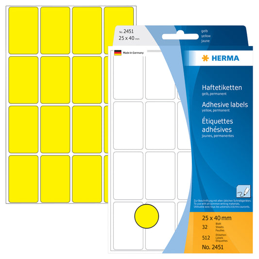 HERMA 2451 Gele zelfklevende etiketten 25x40mm, 512 stuks