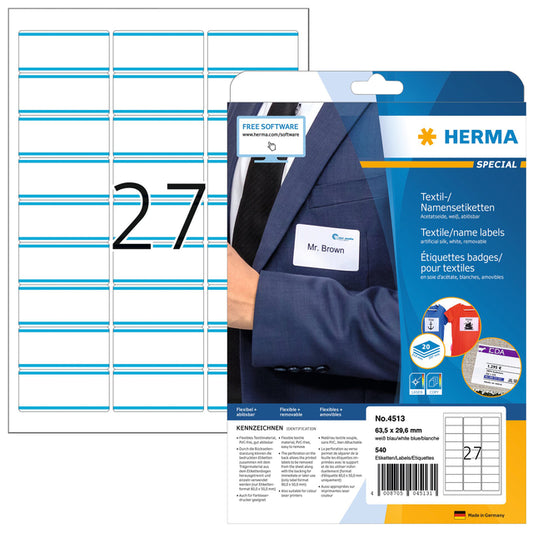 Herma etiketten 4513 63.5x29.6mm, wit/blauw, zelfklevend