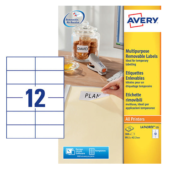 Avery L4743REV-25 Etiketten 99.1x42.3mm Wit, 300 Stuks - 2