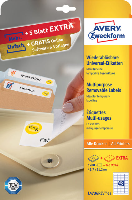 Avery L4736REV-25 Wit verwijderbare etiketten 45.7x21.2mm, 1200 stuks