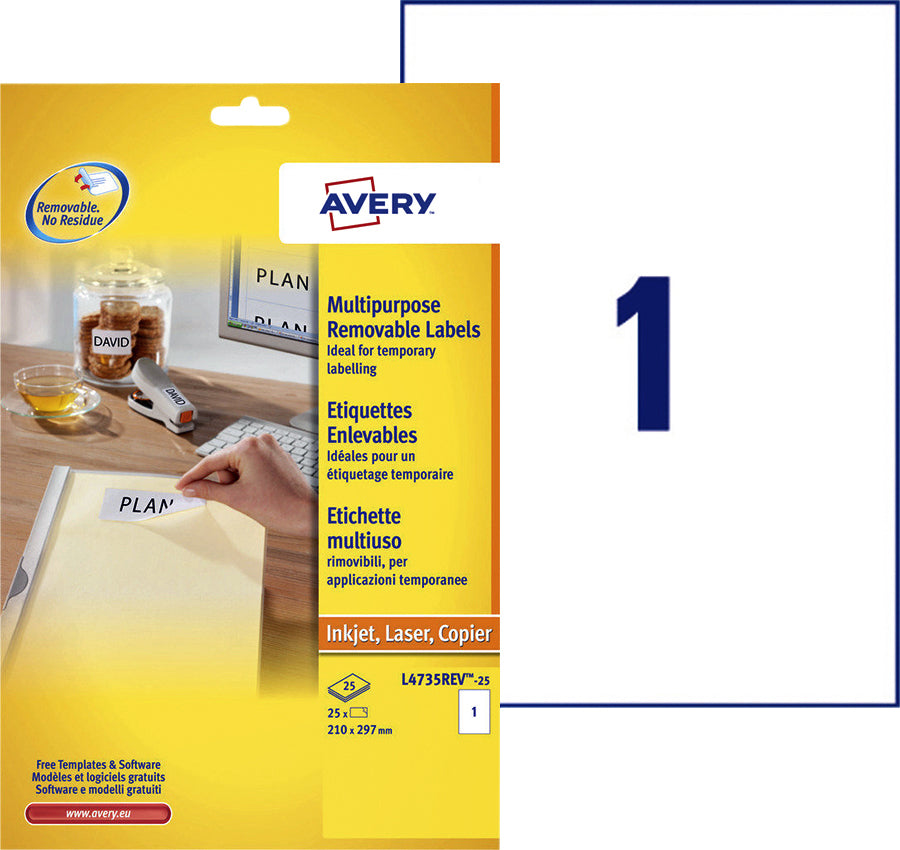 Avery L4735REV Zelfklevende A4 Etiketten 210x297mm Wit, 25st