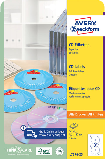 Avery L7676-25, CD full size mat wit, 50stuks