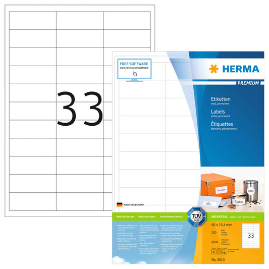 Herma Premium Zelfklevende Etiketten 66x25.4mm Wit 6600 Stuks