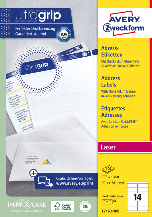 Etiket Avery L7163 99.1x38.1mm wit voor laser- en softwaregebruik