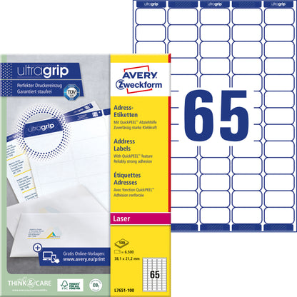 Avery L7651 etiketten 38.1x21.2mm, wit, 6500 stuks - 2