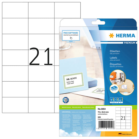 Herma 5054 Zelfklevende etiketten 70x42.3mm, wit, 525 stuks