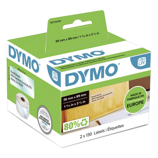 Dymo LabelWriter Adreslabels 36x89mm, 2 Rollen Transparant