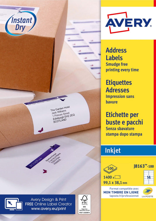 Avery J8163-100 Etiketten 99.1x38.1mm Wit, 1400 Stuks