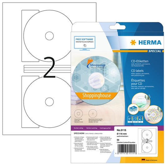 Herma CD-etiket 5115, 116mm, wit opaqua, 50stuks