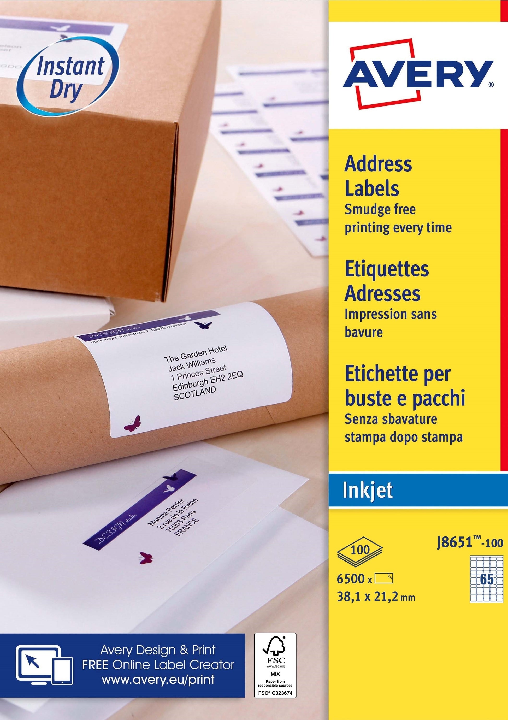 Avery J8651-100 Zelfklevende Etiketten 38.1x21.2mm Wit 6500 Stuks