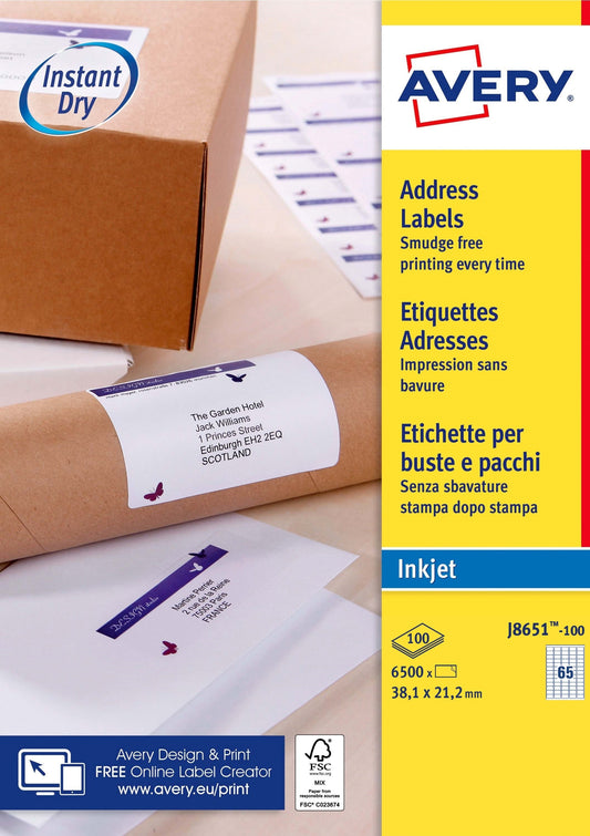Avery J8651-100 Zelfklevende Etiketten 38.1x21.2mm Wit 6500 Stuks
