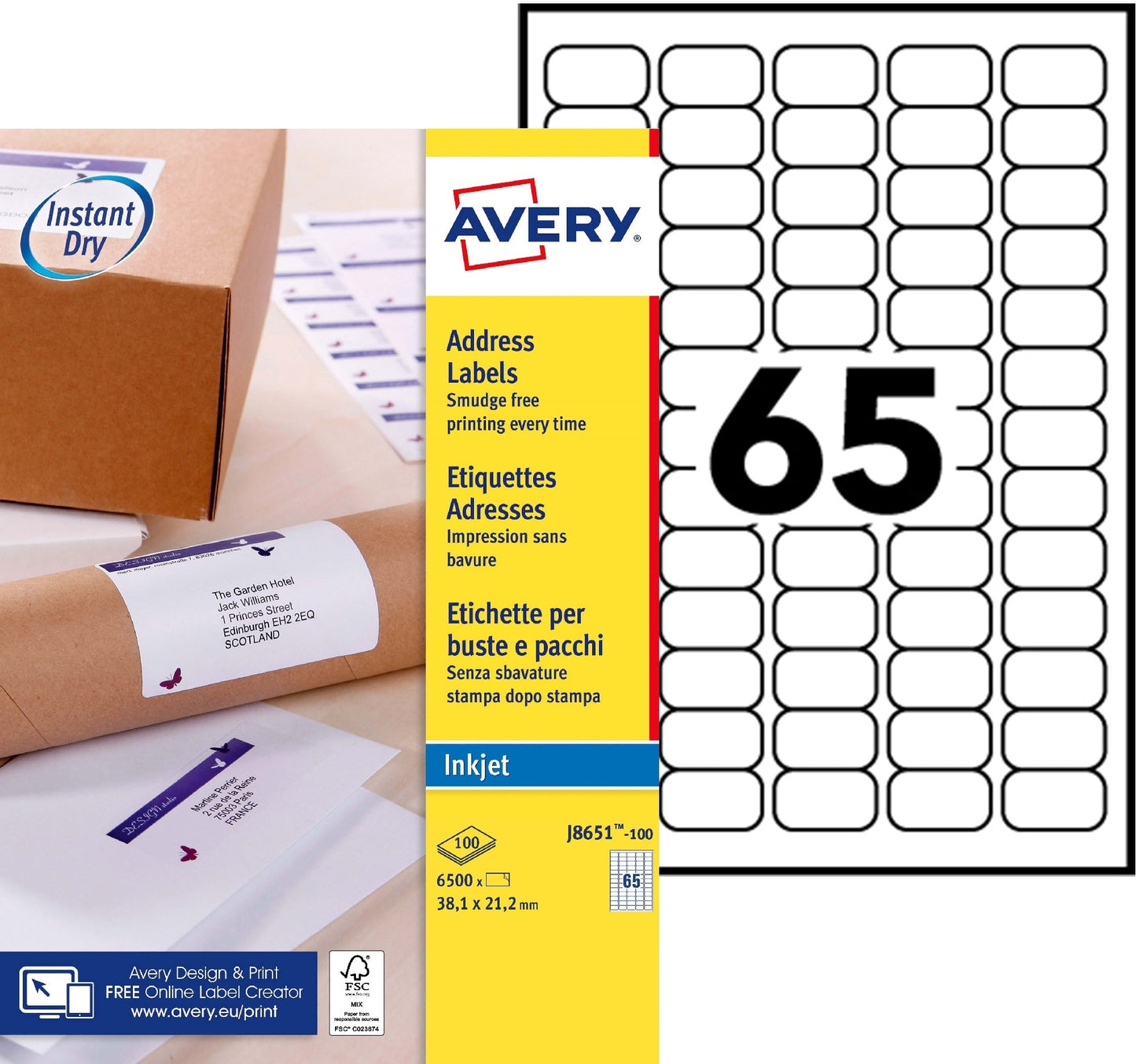 Avery J8651-100 Zelfklevende Etiketten 38.1x21.2mm Wit 6500 Stuks - 2