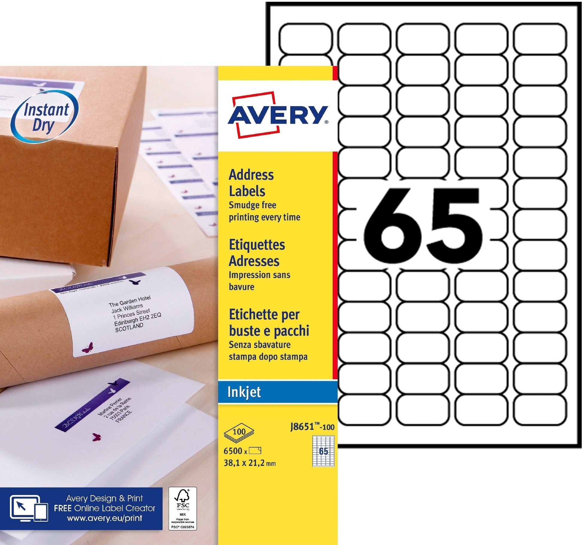 Avery J8651-100 Zelfklevende Etiketten 38.1x21.2mm Wit 6500 Stuks - 2