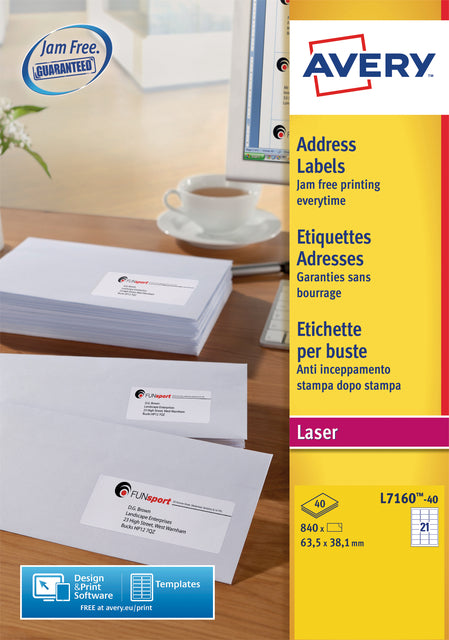 Etiket Avery L7160-40 63.5x38.1mm wit voor standaardtoepassingen