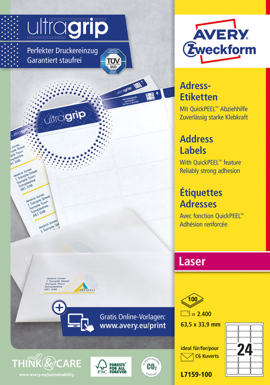 Avery L7159-100 Etiketten 63,5x33,9mm Wit, 2400 stuks
