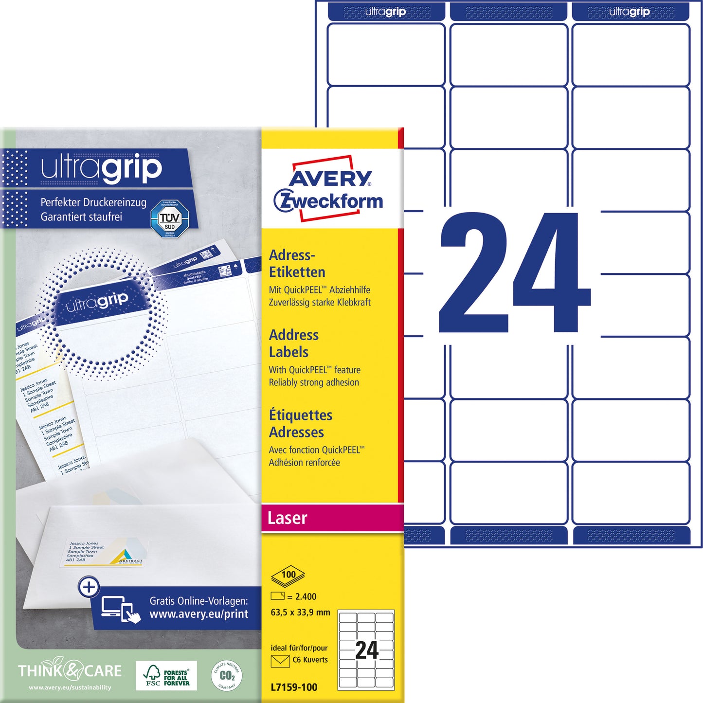Avery L7159-100 Etiketten 63,5x33,9mm Wit, 2400 stuks - 2