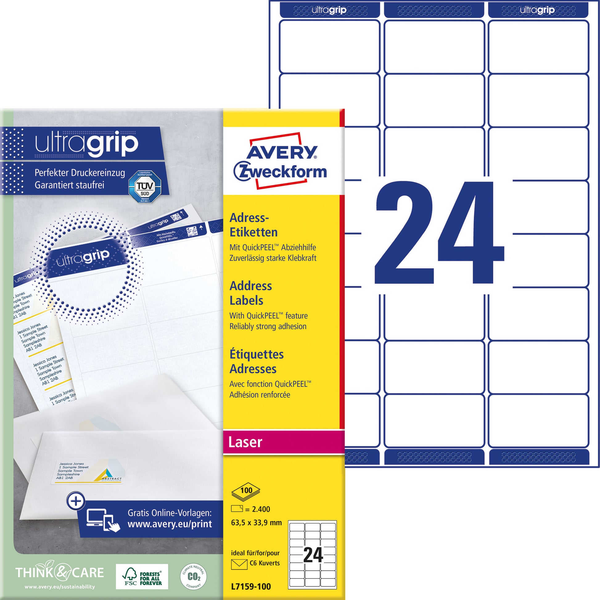 Avery L7159-100 Etiketten 63,5x33,9mm Wit, 2400 stuks - 2