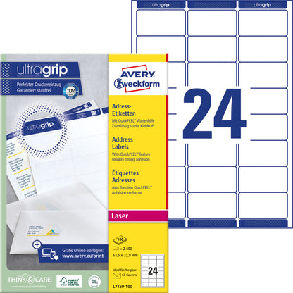 Avery L7159-100 Etiketten 63,5x33,9mm Wit, 2400 stuks - 2