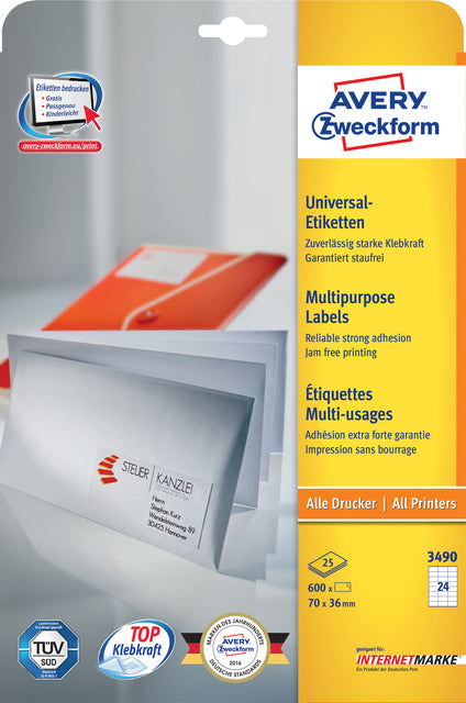 Avery Etiket AZ 3490 70x36mm wit, 600 stuks