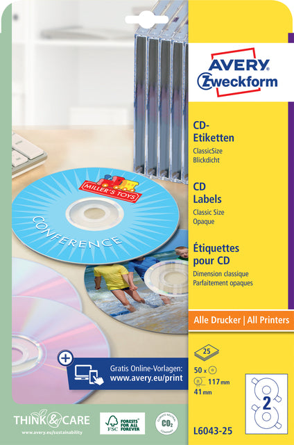 Avery L6043-25, CD wit, 50stuks