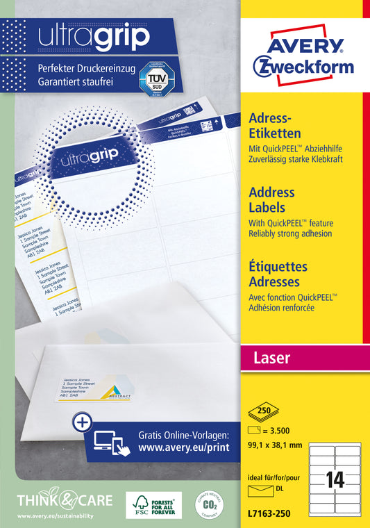 Etiket Avery L7163-250 99.1x38.1mm wit voor grote oplagen