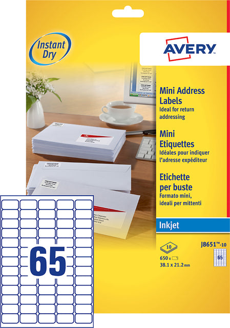 Avery J8651-10 Wit Etiketten 38.1x21.2mm, 650 Stuks