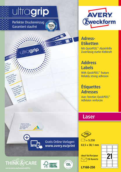 Avery L7160-250 Wit Etiket 63.5x38.1mm, 5250 Stuks